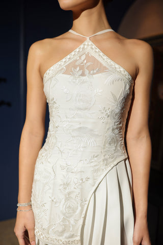 White Halter Pleated Dress