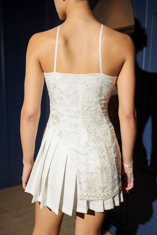 White Halter Pleated Dress