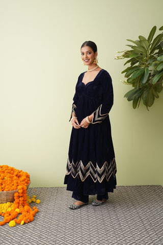 Wine Chevron Velvet Anarkali