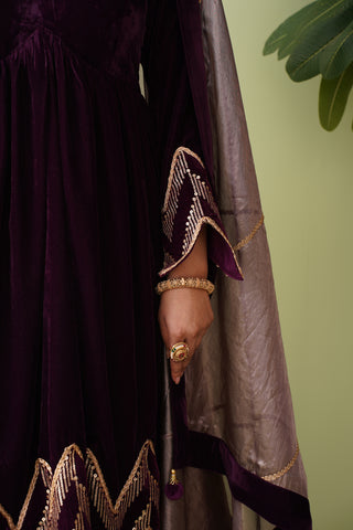 Wine Chevron Velvet Anarkali