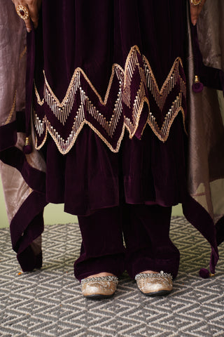 Wine Chevron Velvet Anarkali