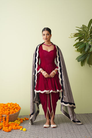 Raspberry Velvet Suit with Scalloped Tissue Dupatta