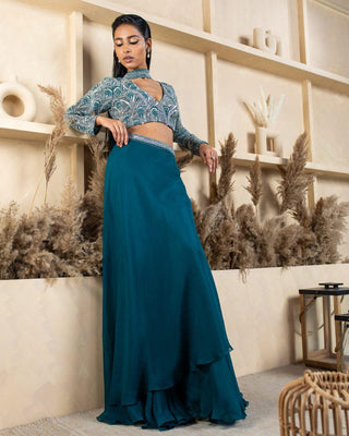 Paisley Embroidered Blouse with Pants and Skirt Wrap Set