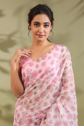Kota Doria Flower Printed Saree