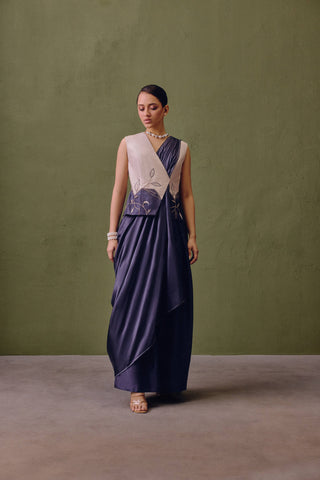 Colour Block Waistcoat Set With Draped Dupatta