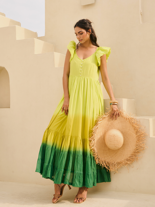 Lime Green Cotton Voile Ombre Flared Maxi Dress