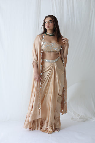 Afreen Open Cape With Bustier And Draped Skirt