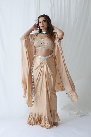 Afreen Open Cape With Bustier And Draped Skirt