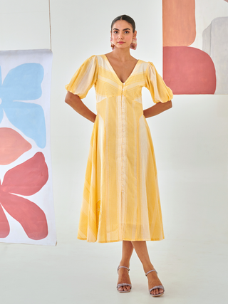 Yellow check A line dress with floral patch detail
