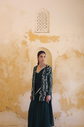 Mira Mirror Jacket With Pleated Bustier And Draped Saree