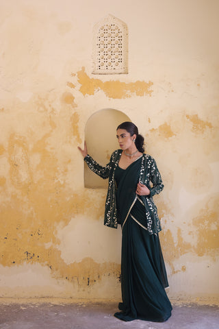 Mira Mirror Jacket With Pleated Bustier And Draped Saree