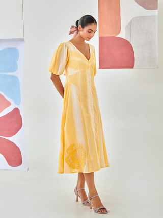 Yellow check A line dress with floral patch detail