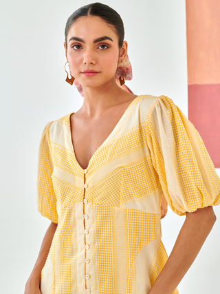Yellow check A line dress with floral patch detail