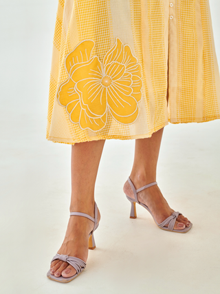 Yellow check A line dress with floral patch detail