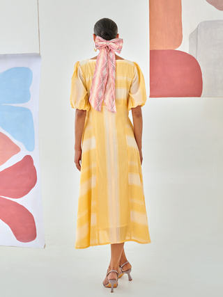 Yellow check A line dress with floral patch detail