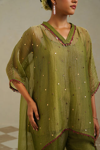 Kaina Lime Green Gold Kaftan Set with Palazzo
