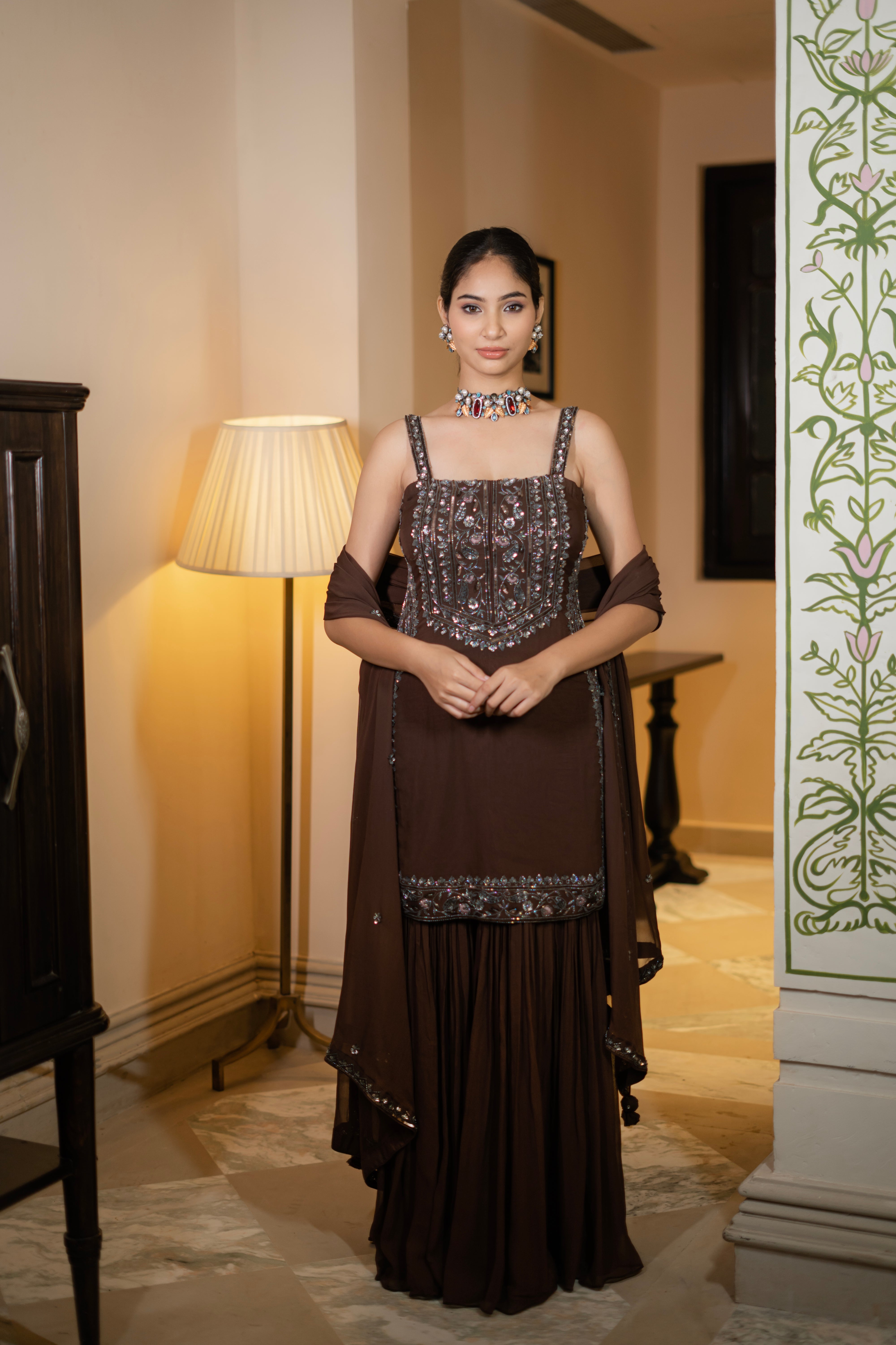Coffee Brown Sequin Embroidered Sharara Set L / Coffee Brown Coffee Brown Sequin Embroidered Sharara Set L / Coffee Brown