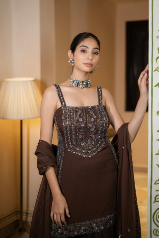 Coffee Brown Sequin Embroidered Sharara Set