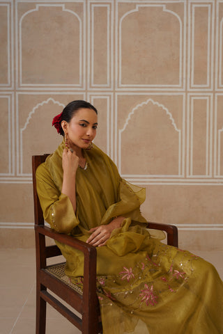 Charulata Lime Green Gold Kurta Co-ord Set