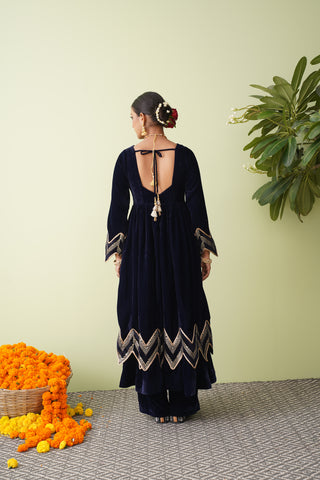 Blue Chevron Velvet Anarkali