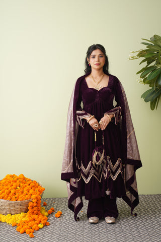 Wine Chevron Velvet Anarkali