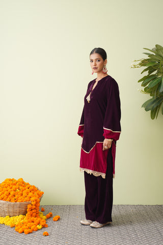 Raspberry Velvet Suit with Scalloped Tissue Dupatta