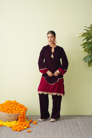 Autumn Ember Velvet Suit with Scalloped Tissue Dupatta