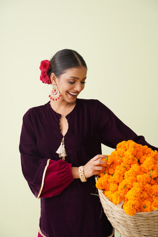 Autumn Ember Velvet Suit with Scalloped Tissue Dupatta