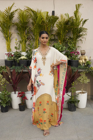 Cream Floral & Mughal Printed Kaftan
