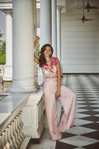 Floral Embroidered Blouse & Pant Set