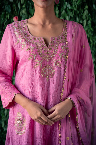 Crushed silk kurta with Embroidery and Silk Pants with Net Dupatta