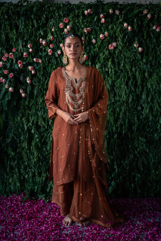 Crushed Silk Kurta with Embroidery and Farshi with Gota Detailing