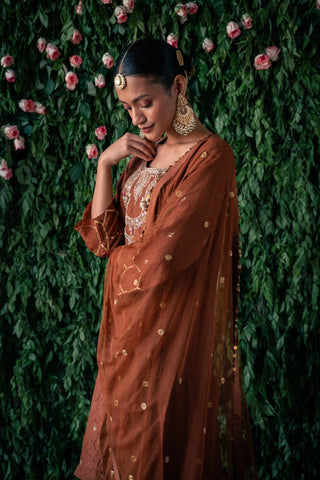 Crushed Silk Kurta with Embroidery and Farshi with Gota Detailing