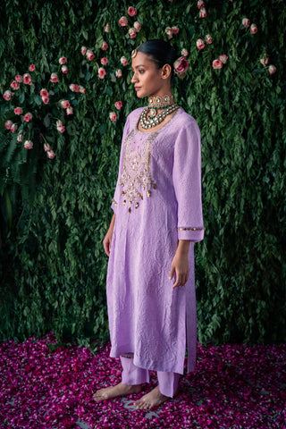 Rounded Neck Kurta Set with Floral and Sequin Embroidery