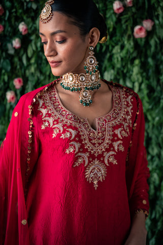 Crushed silk kurta with Embroidery and Silk Pants with Net Dupatta