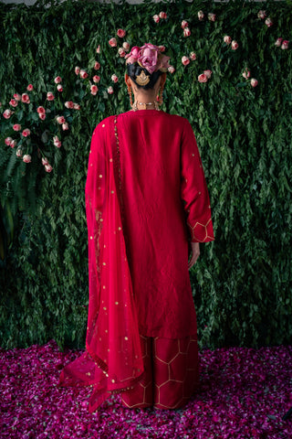 Crushed Silk Kurta with Embroidery and Farshi with Gota Detailing