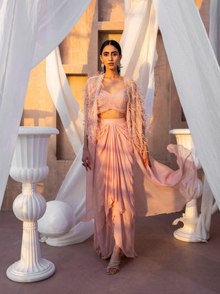 Fringed Long Jacket with skirt and embroidered blouse