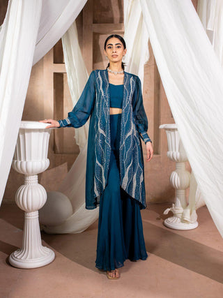 Embroidered Long Jacket & Bell Bottom Pants Set