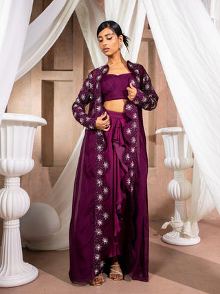 Hand Embroidered Long Jacket & Satin Skirt Set