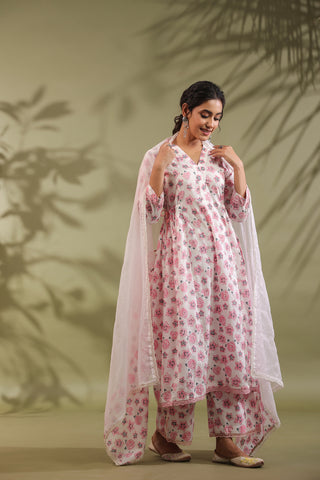 Rose Print Side Gathered With Tasseels Both Side A-line Cotton Suit Set