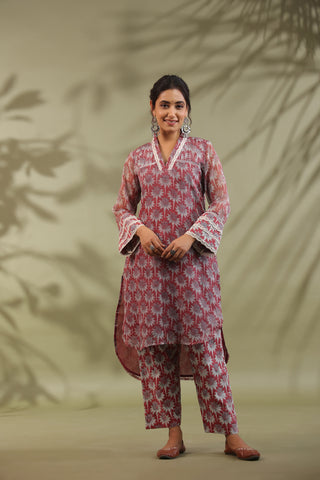 Hand Block Printed Cotton High Low Suit Set Of 3