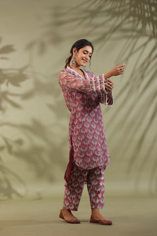 Hand Block Printed Cotton High Low Suit Set Of 2