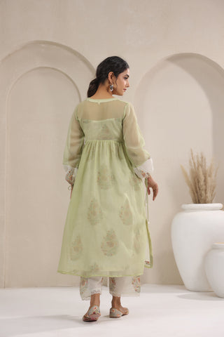A- Line Kota Doria Kurta With Printed Slip/inner Suit Set Of 3