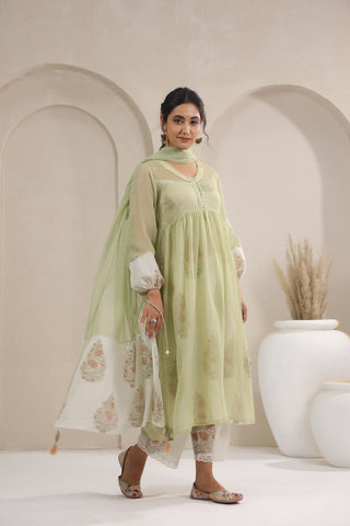 A- Line Kota Doria Kurta With Printed Slip/inner Suit Set Of 2