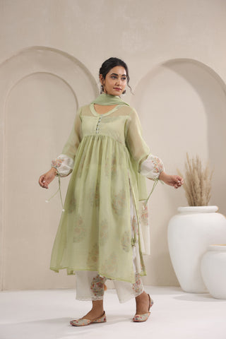 A- Line Kota Doria Kurta With Printed Slip/inner Suit Set Of 3