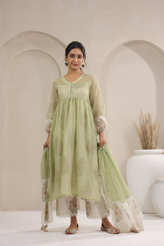 A- Line Kota Doria Kurta With Printed Slip/inner Suit Set Of 2