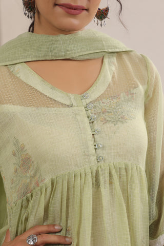 A- Line Kota Doria Kurta With Printed Slip/inner Suit Set Of 2