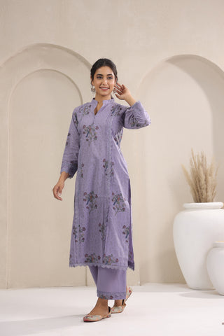 Hand Block, Printed Cotton Mauve Suit Set 3