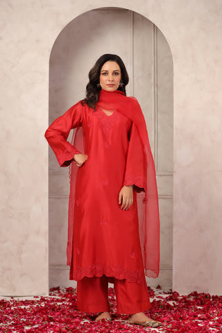 Red Floral Chanderi Suit Set