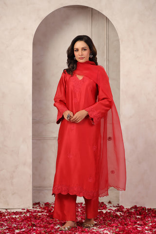 Red Floral Chanderi Suit Set